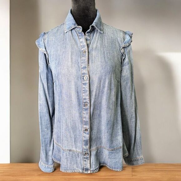 Side Stitch Los Angeles Button Down Denim Look Blouse XXS - Picture 1 of 9